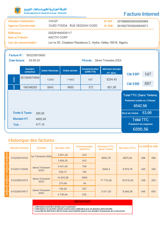 Algeria Societe Algerien Distribution internet business utility bill Word and PDF template PSD template
